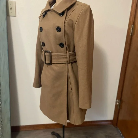 Wool Blend Tan Double-Breasted Coat - Picture 4 of 16